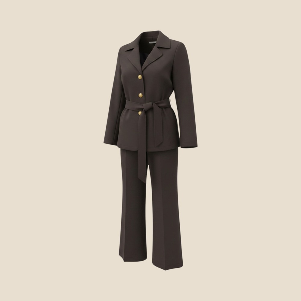 Georgiou Studio Womens Brown Wool Blend Belted Blazer and Pants Suit Set Size 10